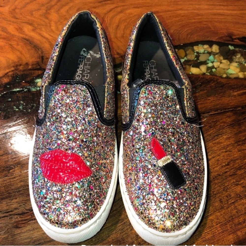 Chiara Ferragni Multicolor Glitter Sneakers with Lip and 💄 Lipstick